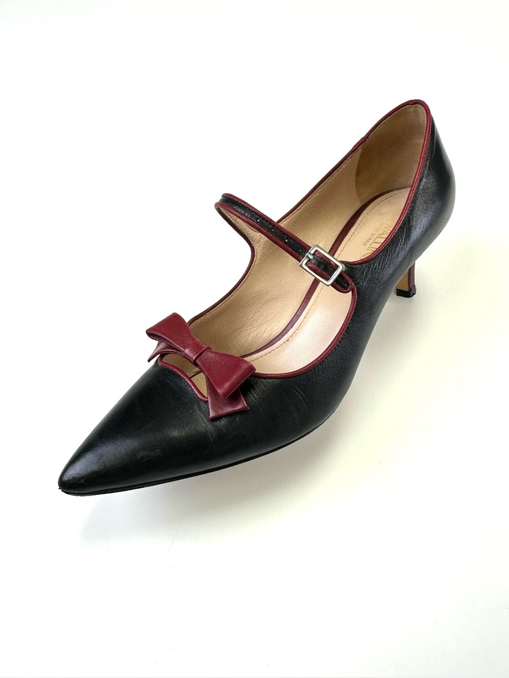 Cavallini Leather Bow Mary Jane Kitten Heels Black Wine Red 38 Made in Italy